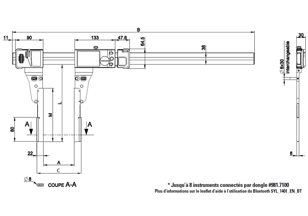 Pied à coulisse Sylvac ultra-léger UL4 exécutions spéciales becs spéciaux type C